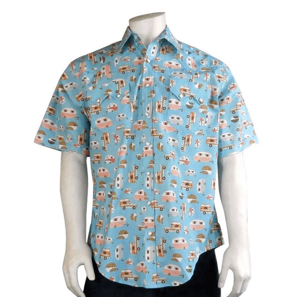 Rockmount Retro Campers Print Short Sleeve Western Shirt Men's Size XL